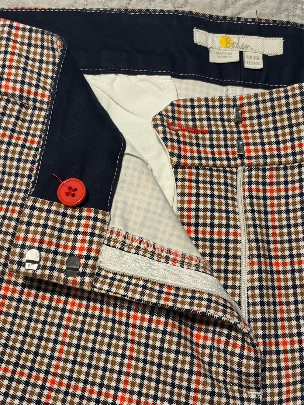 Boden Plaid Pants in Orangish-Red, navy, and brown, and white plaid, sz 14L - Picture 4 of 4